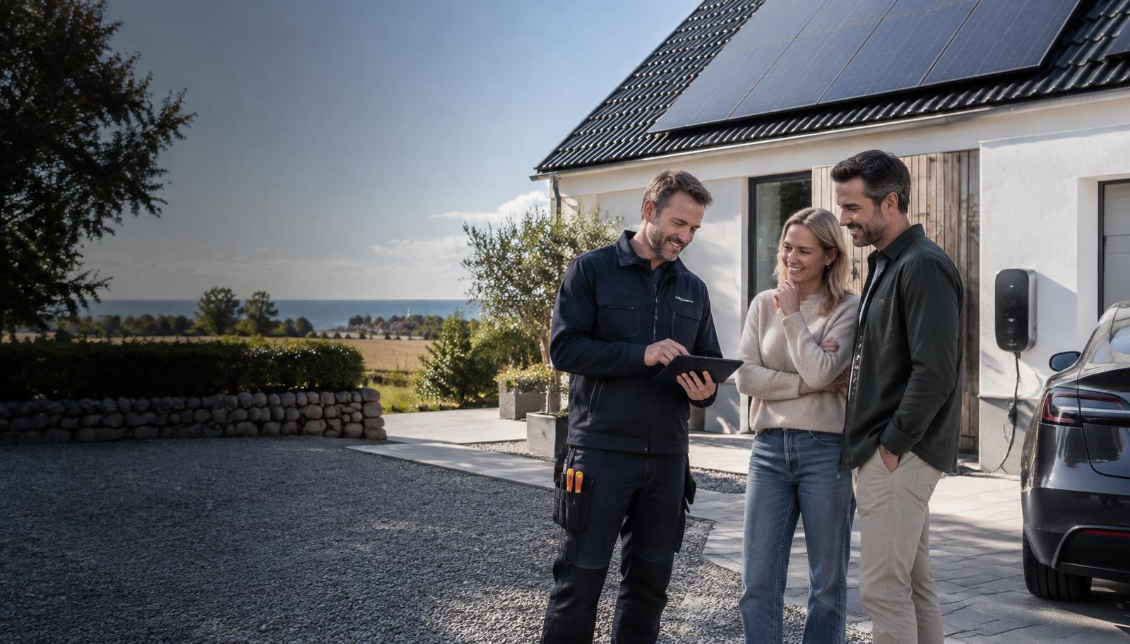 Elektriker som går igenom en energilösning med villaägare