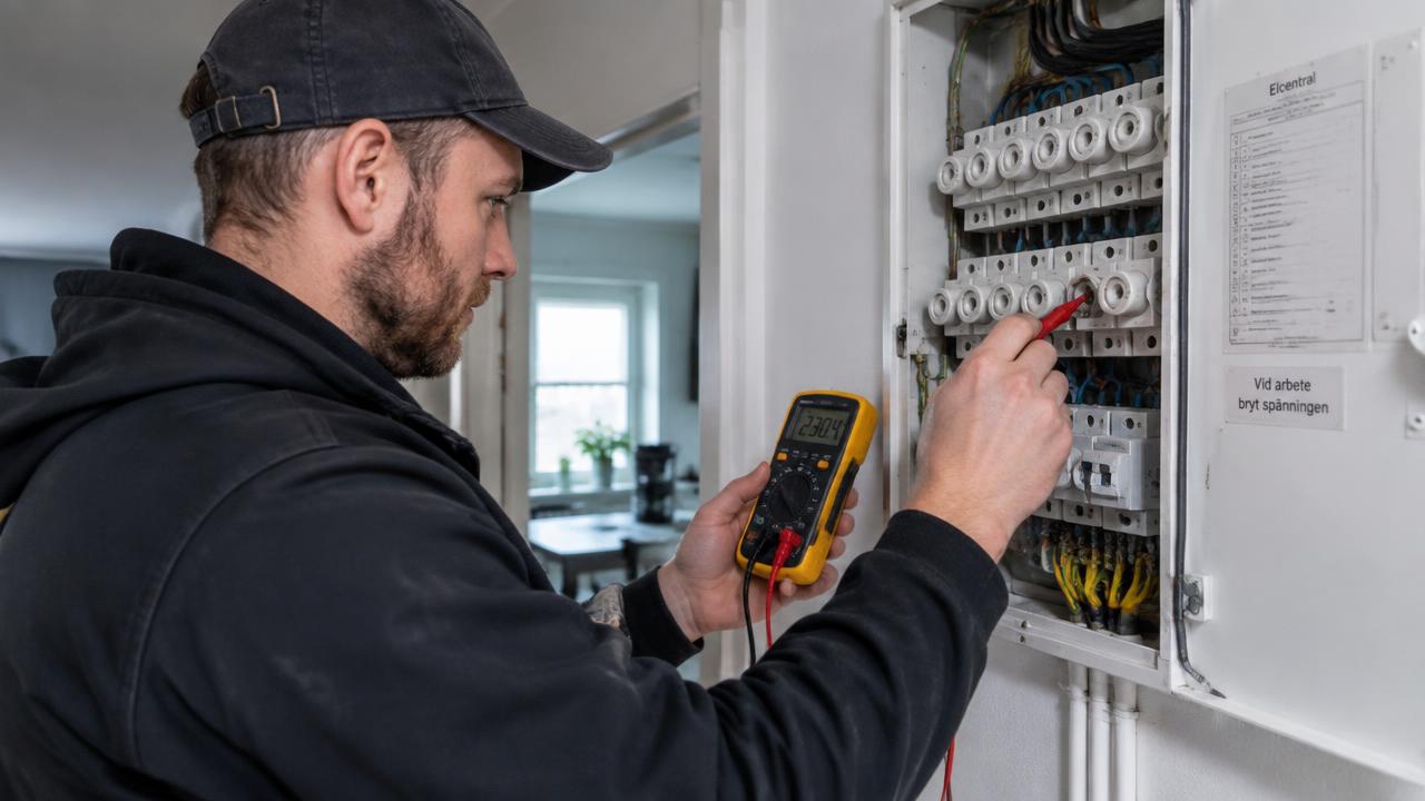 Elektriker mäter i en elcentral vid felsökning