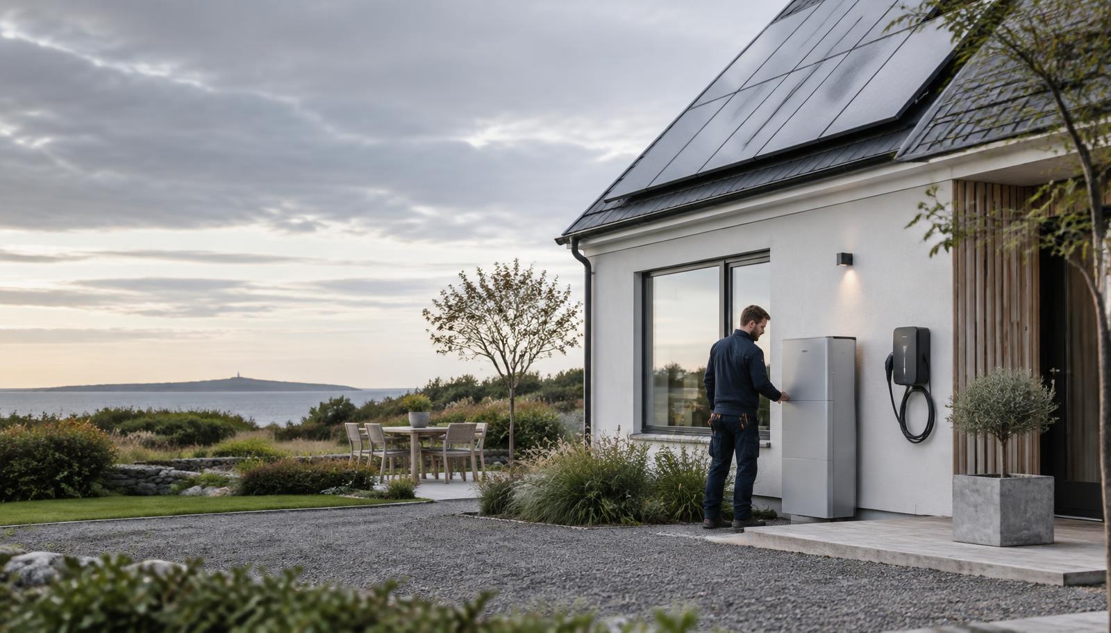 Elektriker vid svensk villa med solceller, hembatteri och laddbox